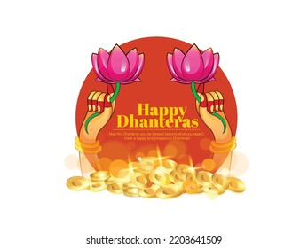 Happy Dhanteras illustration of Goddess Laxmi blessing hand with Gold coin in pot creative for Indian festival Dhanteras and Diwali celebration