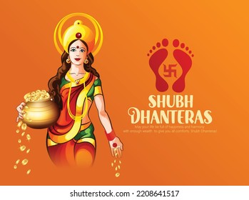 Happy Dhanteras illustration of Goddess Laxmi blessing hand with Gold coin in pot creative for Indian festival Dhanteras and Diwali celebration