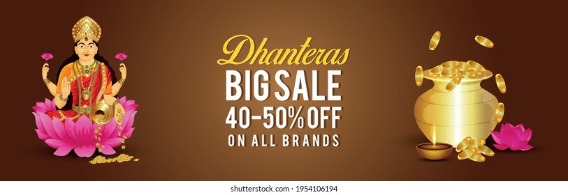 Happy dhanteras indain festival sale banner with Goddess laxami and gold coin pot