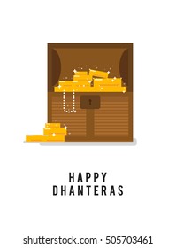 Happy Dhanteras! Indian Diwali Festival (Treasure Chest With Gold And Pearls Line Art Vector Illustration in Flat Style Design)