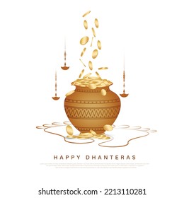 Happy Dhanteras Indian Dhanteras festival celebration before Diwali background. Happy Dhanteras. Kalash filled with golden coins.