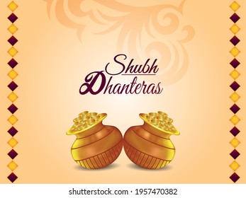 Happy dhanteras indian festival greeting card with vector illustration gold coin pot