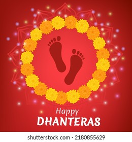 Happy Dhanteras Indian festival of lights Diwali concept with Goddess Maa Lakshmi. Vector illustration for poster or banner.