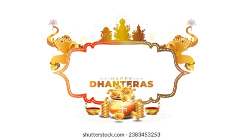 Happy Dhanteras isoliertes Vektordesign. Indisches Fest der Göttin Lakshmi puja. Goldener Münztopf mit Vintage-Hintergrund.