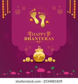 Happy Dhanteras Maa Lakshmi Footprints. Traditional Greeting Card. Indian Festival. Gold Pot, Gold Coin, Culture, Social Media Square post 1080x1080