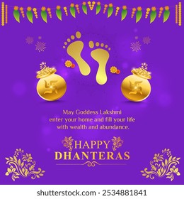 Happy Dhanteras Maa Lakshmi Footprints. Traditional Greeting Card. Indian Festival. Gold Pot, Gold Coin, Culture, Social Media Square post 1080x1080