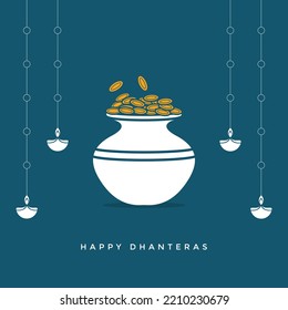 Happy Dhanteras Minimal Poster, Goddess Maa Lakshmi, Gold Coin Pot for Indian Dhanteras and Diwali Festival Celebration