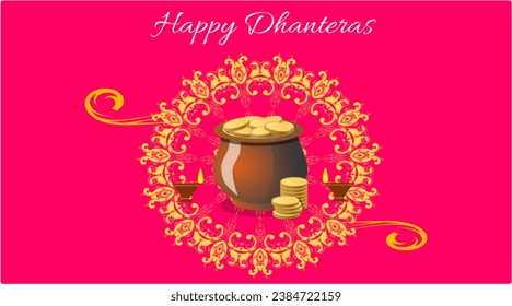 Happy Dhanteras pink background with money pot illustration for social media posts, banners, flyers, and advertisements.