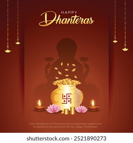 Happy Dhanteras Post e cartão de felicitações. Pôster de celebração do festival hindu Shubh Dhanteras com ilustração vetorial da deusa Lakshmi