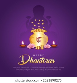 Happy Dhanteras Post und Grußkarte. Hindu Festival Shubh Dhanteras Feier Poster mit Göttin Lakshmi Vektorgrafik