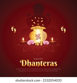 Feliz Dhanteras Post y Tarjeta de Felicitación. Festival hindú Shubh Dhanteras Cartel de celebración con la diosa Lakshmi Mata Ilustración vectorial