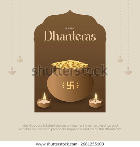 Happy Dhanteras Post and Greeting Card Wishes. Indian Festival of Lights and Akshaya Tritiya Celebration Creative Poster with Text Vector Illustration