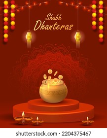 Happy Dhanteras Poster Design Vector Illustration. Illustration of Gold Coin in Pot. Suitable for Greeting Card, Banner, Flyer, Template. 