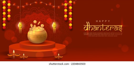 Happy Dhanteras Poster Design Vector Illustration. Illustration of Gold Coin in Pot. Suitable for Greeting Card, Banner, Flyer, Template. 