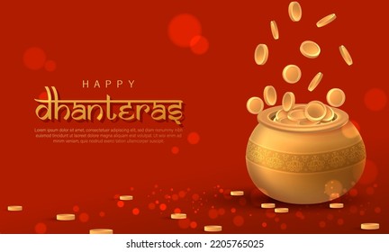 Happy Dhanteras Poster Design Vector Illustración. Ilustración de la moneda de oro en la olla. Adecuado para tarjeta de felicitación, banner, volante, plantilla. 