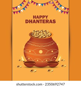 Happy Dhanteras Poster Design Vector Illustration. Illustration of Gold Coin in Pot. Suitable for Greeting Card
