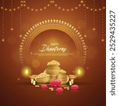 Happy Dhanteras - poster template design with gold coin in pot and decorative diya lamp. vector illustration.