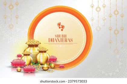 Happy Dhanteras - poster template design with gold coin in pot and decorative diya lamp. vector illustration.