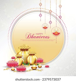 Happy Dhanteras - poster template design with gold coin in pot and decorative diya lamp. vector illustration.