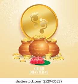 Happy Dhanteras - design de modelo de cartaz com moeda de ouro em pote e lâmpada diya decorativa. ilustração vetorial.