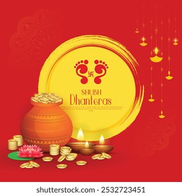 Happy Dhanteras - poster template design with gold coin in pot and decorative diya lamp. vector illustration.