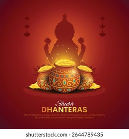 Happy Dhanteras - poster template design with gold coin in pot and goddess Laxmi silhouette. Creative vector illustration design.
