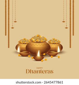 Happy Dhanteras - poster template design with gold coin in pot and decorative diya lamp. Vibrant Dhanteras festival design featuring gold coins.