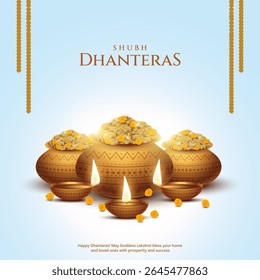 Happy Dhanteras - poster template design with gold coin in pot and decorative diya lamp. Vibrant Dhanteras festival design featuring gold coins.
