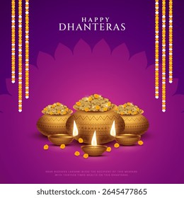 Happy Dhanteras - poster template design with gold coin in pot and decorative diya lamp. Vibrant Dhanteras festival design featuring gold coins.