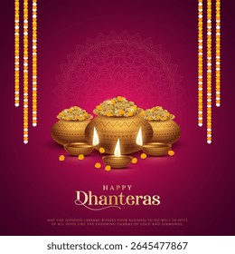 Happy Dhanteras - poster template design with gold coin in pot and decorative diya lamp. Vibrant Dhanteras festival design featuring gold coins.