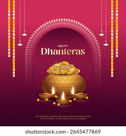 Happy Dhanteras - poster template design with gold coin in pot and decorative diya lamp. Vibrant Dhanteras festival design featuring gold coins.