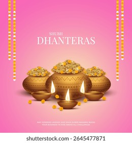Happy Dhanteras - poster template design with gold coin in pot and decorative diya lamp. Vibrant Dhanteras festival design featuring gold coins.