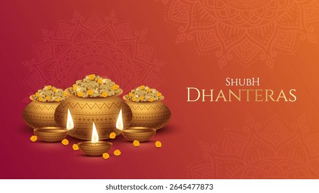 Happy Dhanteras - poster template design with gold coin in pot and decorative diya lamp. Vibrant Dhanteras festival design featuring gold coins.