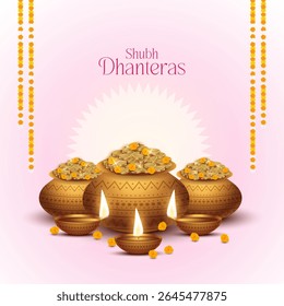 Happy Dhanteras - poster template design with gold coin in pot and decorative diya lamp. Vibrant Dhanteras festival design featuring gold coins.