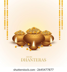 Happy Dhanteras - poster template design with gold coin in pot and decorative diya lamp. Vibrant Dhanteras festival design featuring gold coins.