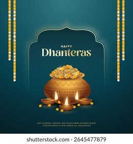 Happy Dhanteras - poster template design with gold coin in pot and decorative diya lamp. Vibrant Dhanteras festival design featuring gold coins.