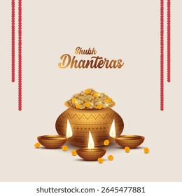Happy Dhanteras - poster template design with gold coin in pot and decorative diya lamp. Vibrant Dhanteras festival design featuring gold coins.