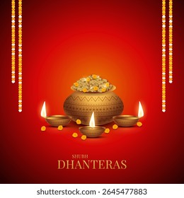 Happy Dhanteras - poster template design with gold coin in pot and decorative diya lamp. Vibrant Dhanteras festival design featuring gold coins.