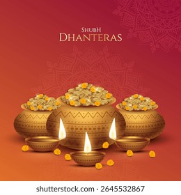 Happy Dhanteras - poster template design with gold coin in pot and decorative diya lamp. Vibrant Dhanteras festival design featuring gold coins.