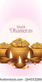 Happy Dhanteras - poster template design with gold coin in pot and decorative diya lamp. Vibrant Dhanteras festival design featuring gold coins.