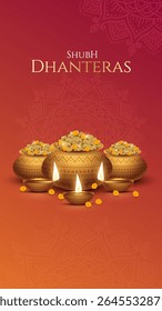 Happy Dhanteras - poster template design with gold coin in pot and decorative diya lamp. Vibrant Dhanteras festival design featuring gold coins.