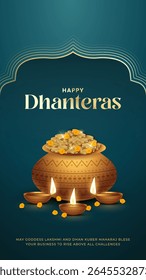 Happy Dhanteras - poster template design with gold coin in pot and decorative diya lamp. Vibrant Dhanteras festival design featuring gold coins.