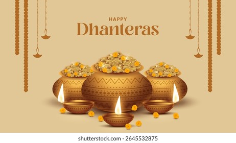 Happy Dhanteras - poster template design with gold coin in pot and decorative diya lamp. Vibrant Dhanteras festival design featuring gold coins.
