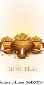 Happy Dhanteras - poster template design with gold coin in pot and decorative diya lamp. Vibrant Dhanteras festival design featuring gold coins.