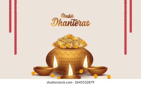 Happy Dhanteras - poster template design with gold coin in pot and decorative diya lamp. Vibrant Dhanteras festival design featuring gold coins.