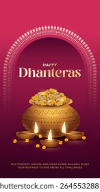 Happy Dhanteras - poster template design with gold coin in pot and decorative diya lamp. Vibrant Dhanteras festival design featuring gold coins.