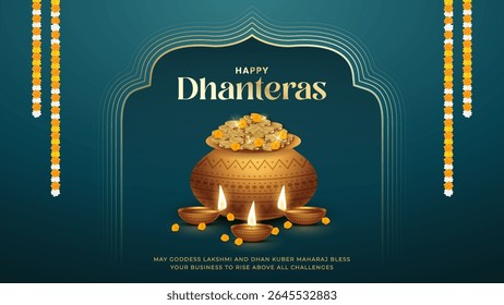 Happy Dhanteras - poster template design with gold coin in pot and decorative diya lamp. Vibrant Dhanteras festival design featuring gold coins.