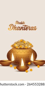 Happy Dhanteras - poster template design with gold coin in pot and decorative diya lamp. Vibrant Dhanteras festival design featuring gold coins.