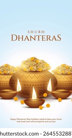 Happy Dhanteras - poster template design with gold coin in pot and decorative diya lamp. Vibrant Dhanteras festival design featuring gold coins.