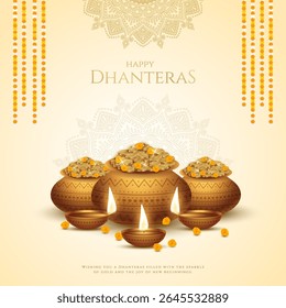 Happy Dhanteras - poster template design with gold coin in pot and decorative diya lamp. Vibrant Dhanteras festival design featuring gold coins.